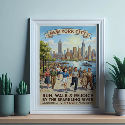 New York City vintage poster of people running and walking by a river.
