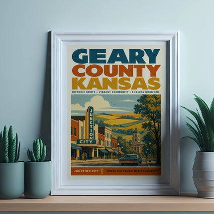 Geary County Kansas poster with Junction City scene, historic roots text.