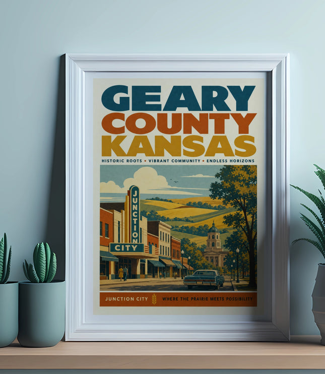 Geary County Kansas poster with Junction City scene, historic roots text.
