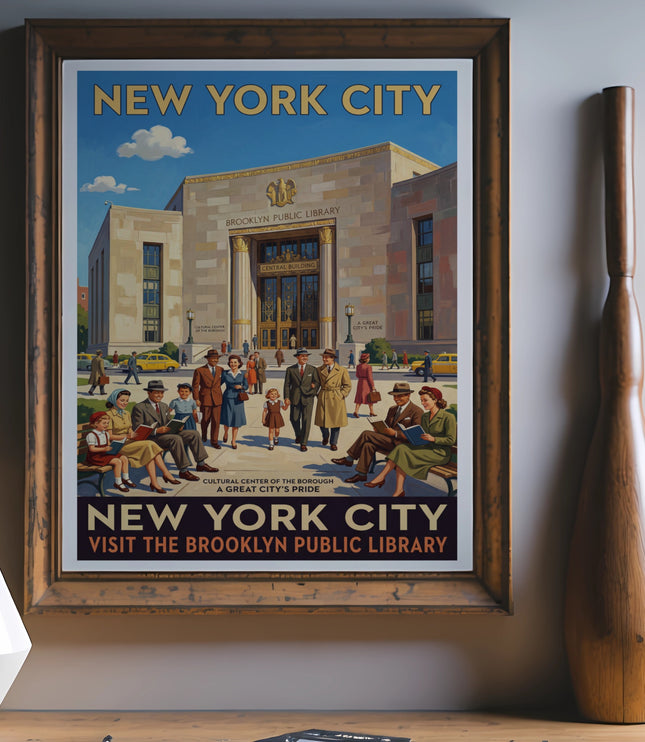 Vintage poster of Brooklyn Public Library, New York City, featuring people reading.