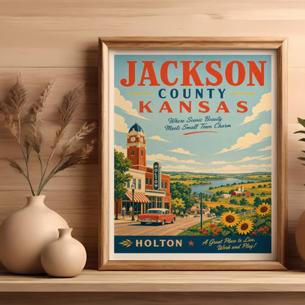 Jackson County, Kansas travel poster with "Holton" depicted.
