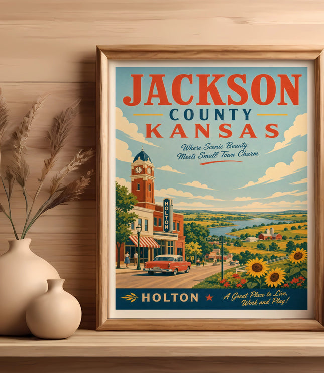 Jackson County, Kansas travel poster with "Holton" depicted.