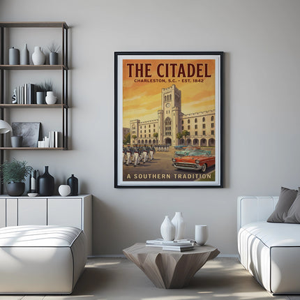 The Citadel poster shows cadets marching past classic cars in front of historic building.