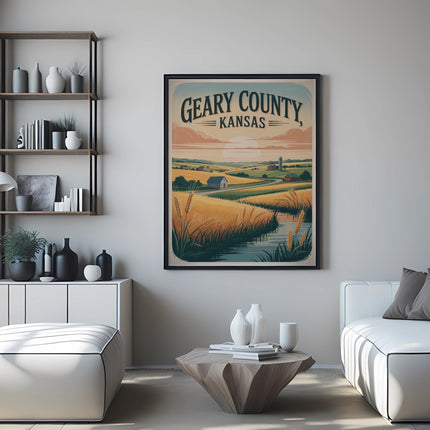 Poster of Geary County, Kansas landscape with fields, a river, and mountains.