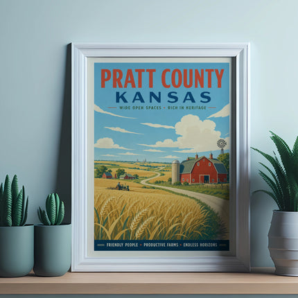 Vintage Pratt County, Kansas travel poster with farm scene and text.