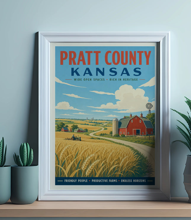 Vintage Pratt County, Kansas travel poster with farm scene and text.