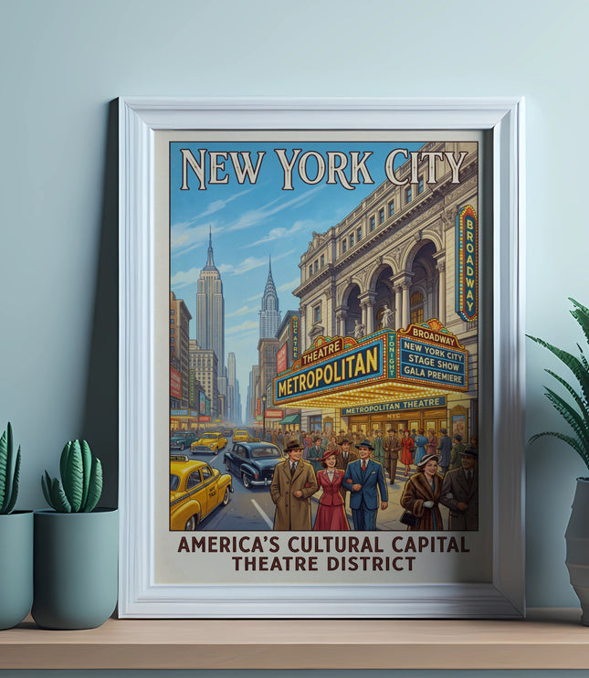 New York City Theatre District poster featuring Metropolitan Theatre and Broadway street scene.