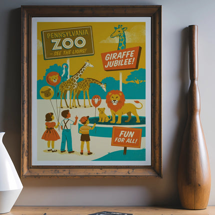 Zoo poster with lions, giraffes, and text "Pennsylvania Zoo" and "Giraffe Jubilee!".