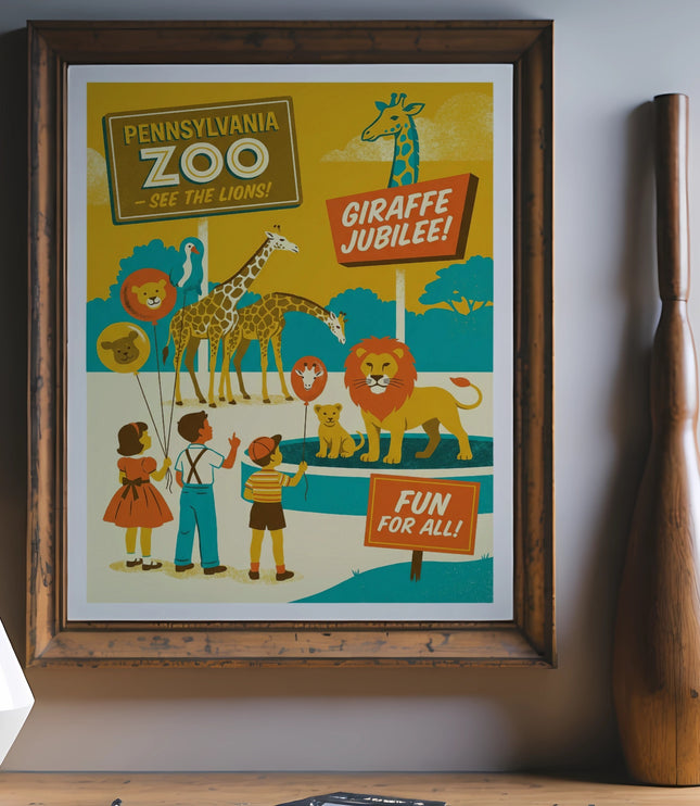Zoo poster with lions, giraffes, and text "Pennsylvania Zoo" and "Giraffe Jubilee!".