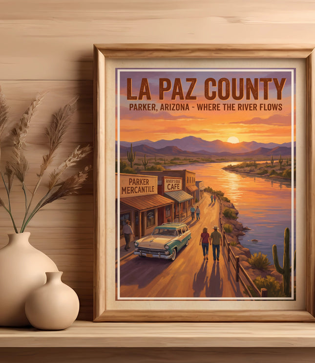 Vintage poster of La Paz County, Parker, Arizona, with a river scene at sunset.