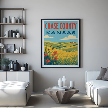 Framed "Chase County Kansas" landscape poster with rolling hills and wildflowers.