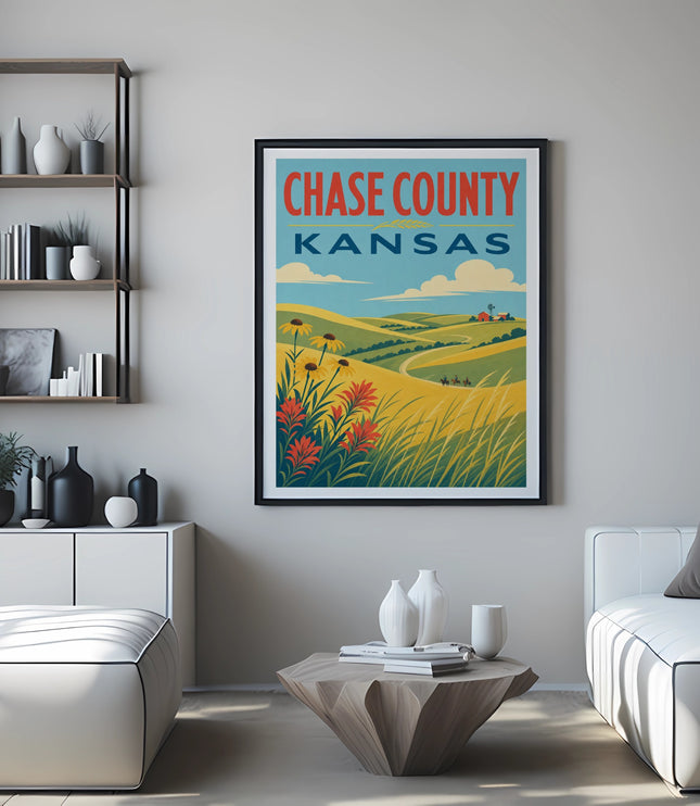 Framed "Chase County Kansas" landscape poster with rolling hills and wildflowers.