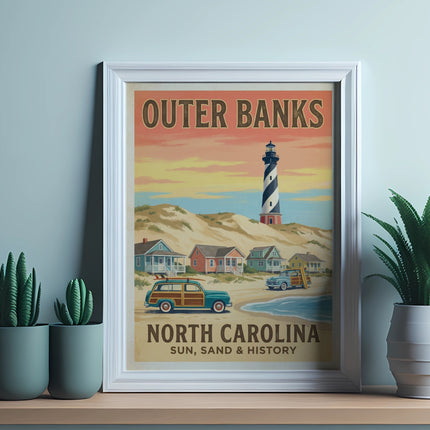 Outer Banks North Carolina poster with lighthouse and vintage cars on beach.