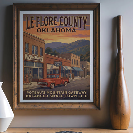Le Flore County Oklahoma poster with vintage street scene and text.