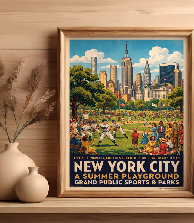 New York City summer playground poster features baseball game with skyline.