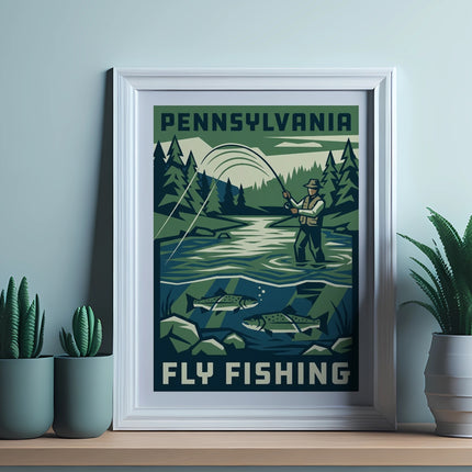 Pennsylvania fly fishing poster with angler, fish, and trees.
