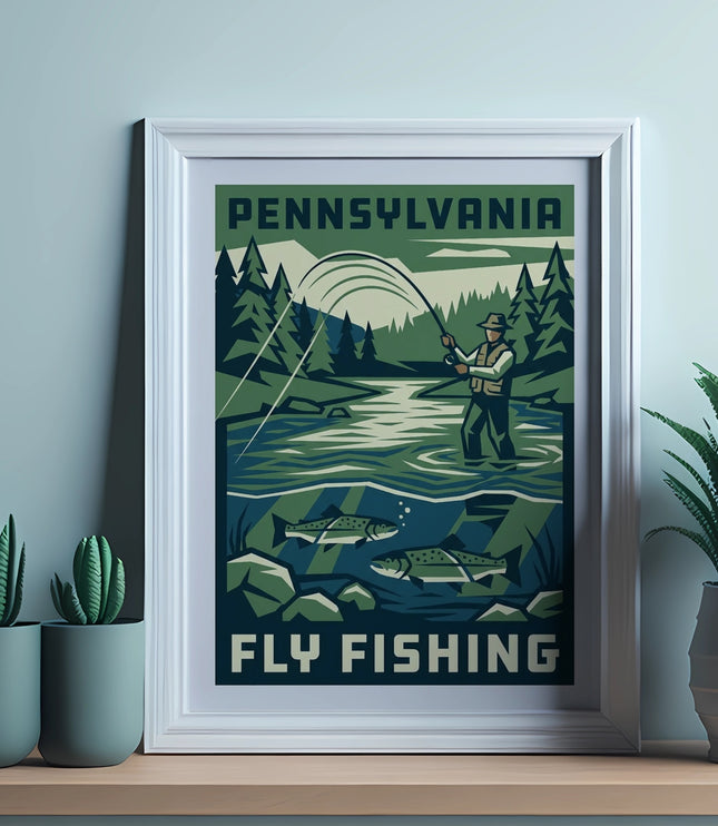 Pennsylvania fly fishing poster with angler, fish, and trees.