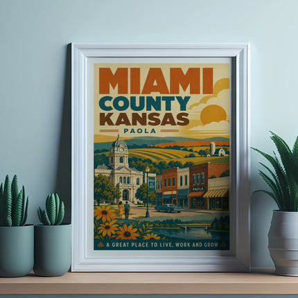 Miami County, Kansas, Paola poster with vintage illustration and text.