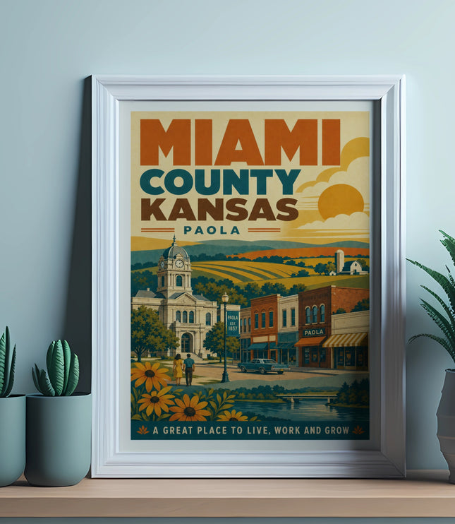 Miami County, Kansas, Paola poster with vintage illustration and text.