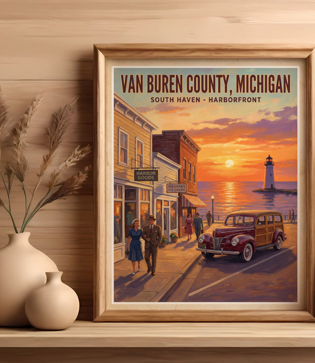 Van Buren County, Michigan poster with South Haven Harborfront, vintage car, and lighthouse.