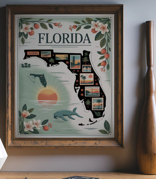 Framed Florida map poster with vintage travel scenes, flowers, and a manatee.