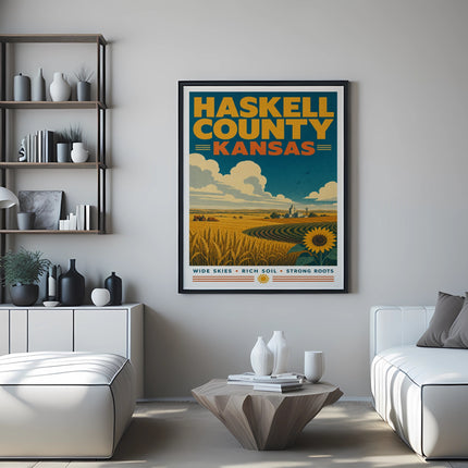 Haskell County Kansas travel poster with sunflowers and farm fields.