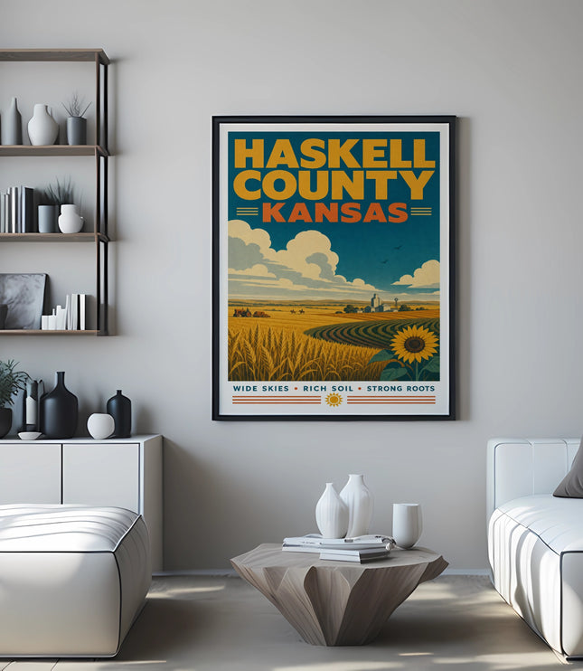 Haskell County Kansas travel poster with sunflowers and farm fields.