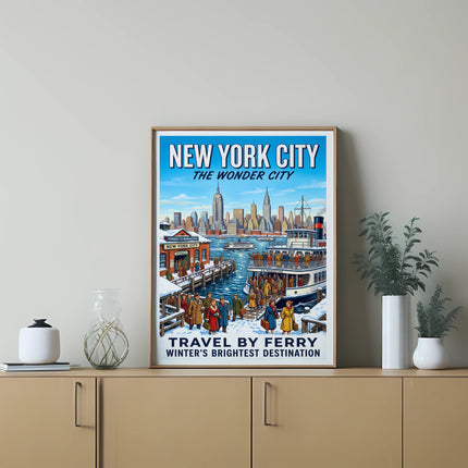 New York City poster: Manhattan skyline, ferry, "The Wonder City" text.
