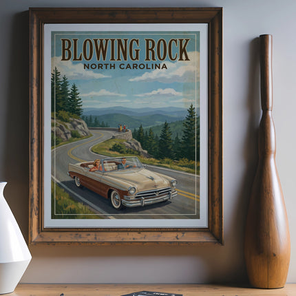 Vintage art print showing a convertible driving winding scenic road with text "Blowing Rock North Carolina".
