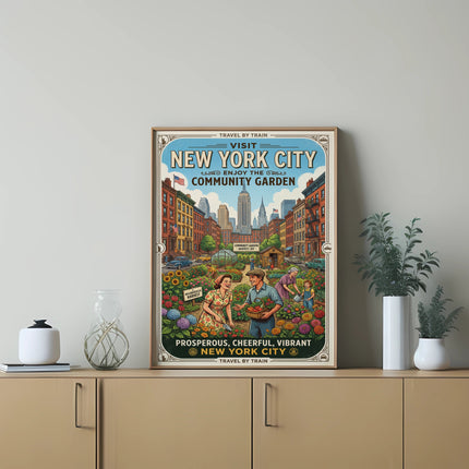 Travel poster for New York City Community Garden with people gardening.