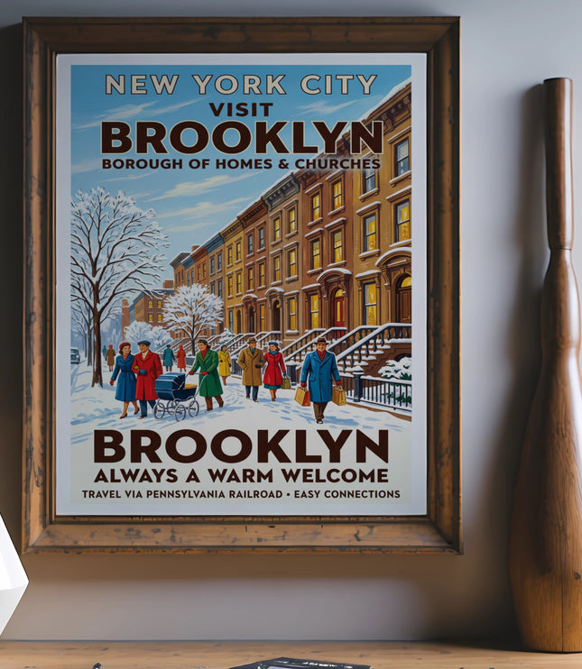 New York City vintage travel poster for Brooklyn, featuring a snowy street scene.