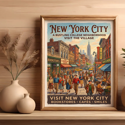 Vintage New York City Village poster with people, shops, and text.