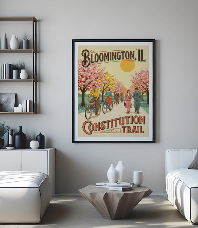 Framed poster of Bloomington, IL Constitution Trail with people biking and walking.