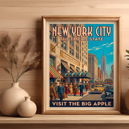 New York City Empire State travel poster with vintage people and cars.