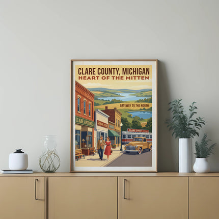 Clare County Michigan poster with vintage shops, a diner, and a pickup truck.