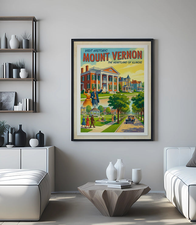Vintage poster for Visit Mount Vernon, The Heartland of Illinois, with buildings and people.