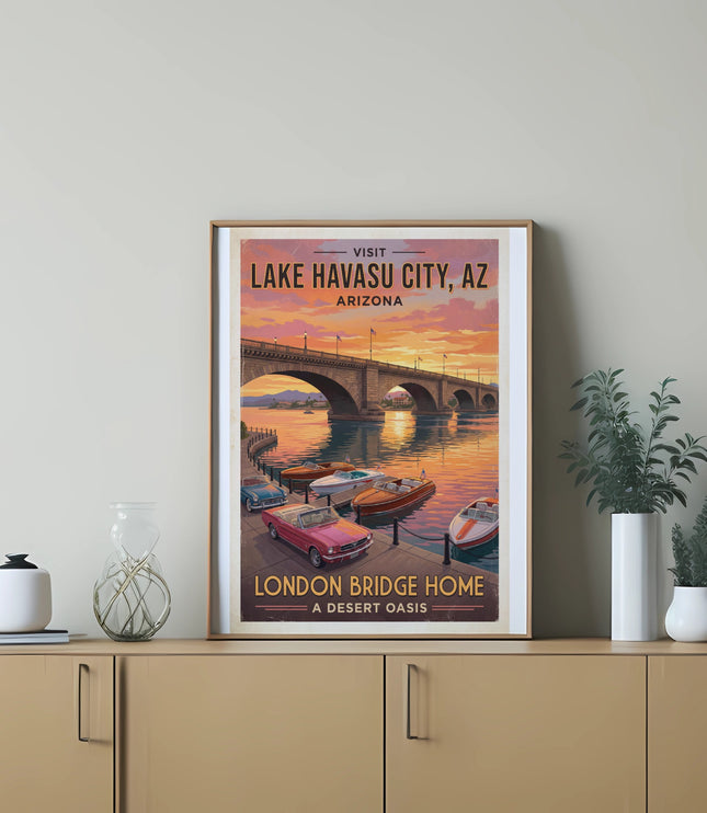 Poster with sunset over London Bridge in Lake Havasu City, Arizona, with boats and cars.