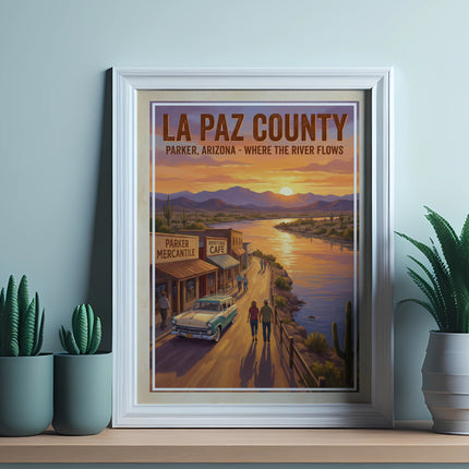 La Paz County Parker, Arizona poster with river, mountains, and storefronts at sunset.