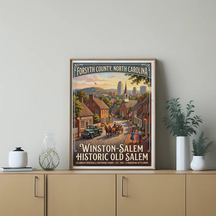Winston-Salem Historic Old Salem poster with horse-drawn carriage and vintage truck.