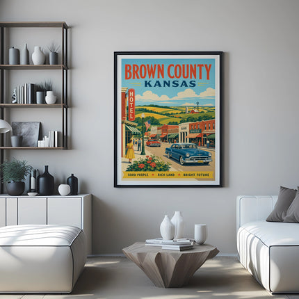 Vintage travel poster for Brown County, Kansas, featuring a classic car.