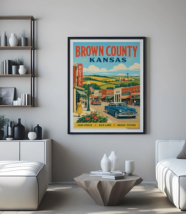 Vintage travel poster for Brown County, Kansas, featuring a classic car.