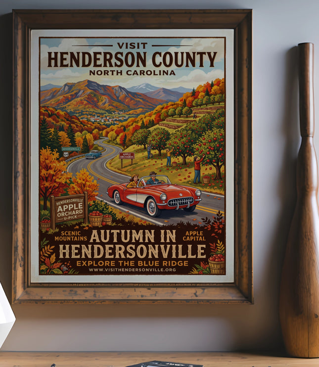 Vintage style poster of Hendersonville, NC with autumn mountains and apple orchards.