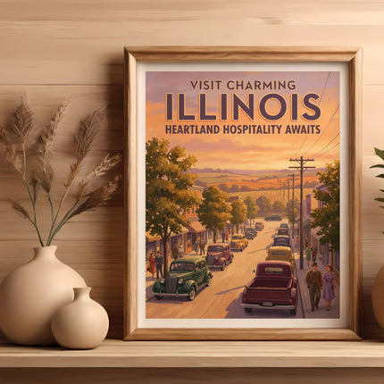 Vintage "Visit Charming Illinois Heartland Hospitality Awaits" poster with cars and trees.