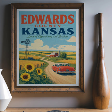 Vintage Edwards County Kansas travel poster with car and sunflowers.