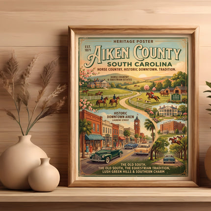 Aiken County South Carolina heritage poster depicting horse country and historic downtown scenes.