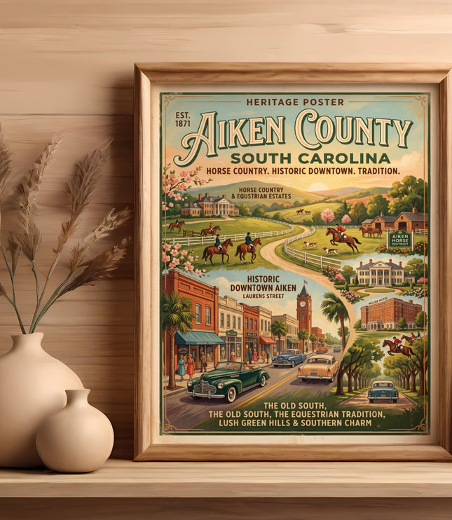 Aiken County South Carolina heritage poster depicting horse country and historic downtown scenes.