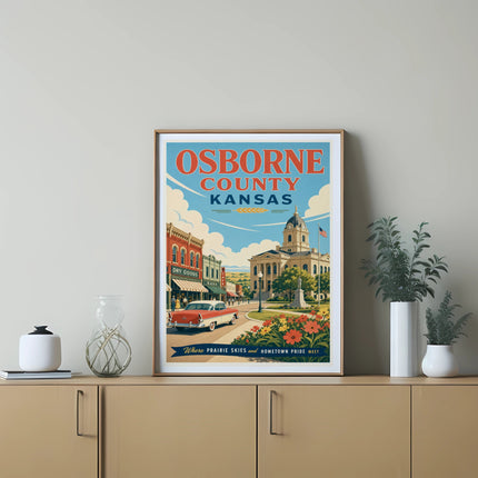 Osborne County, Kansas poster featuring a classic car, courthouse, and buildings.