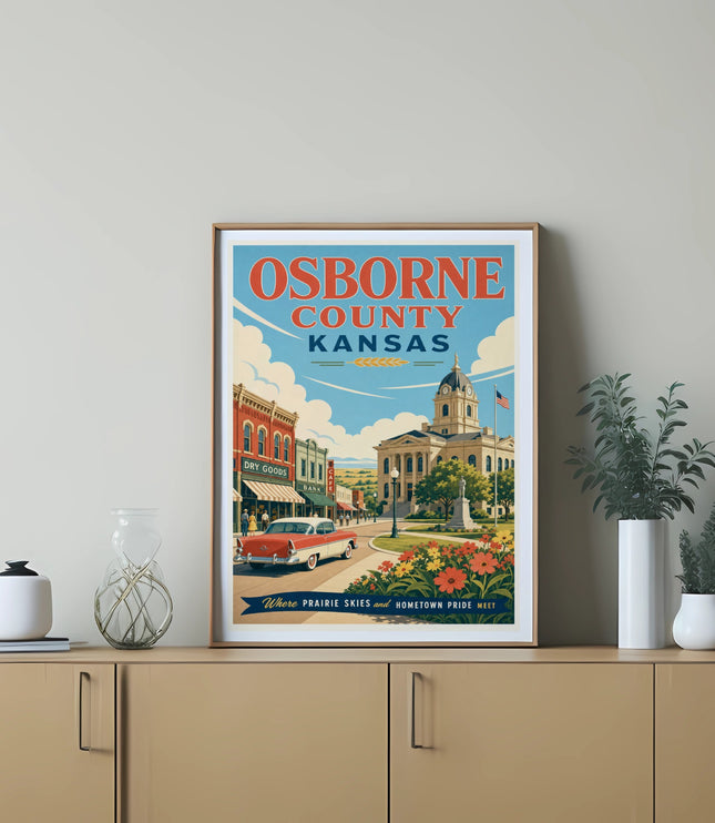 Osborne County, Kansas poster featuring a classic car, courthouse, and buildings.