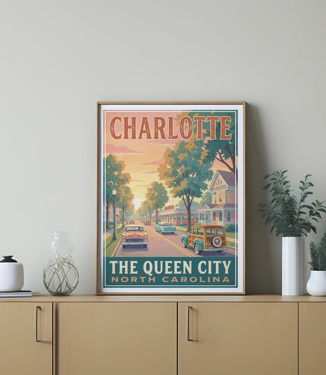 Charlotte The Queen City North Carolina vintage travel poster with cars and buildings.