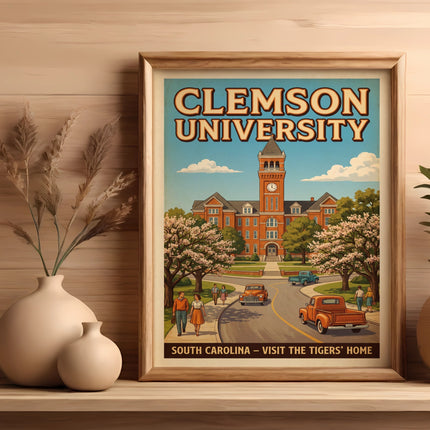 Clemson University South Carolina vintage travel poster art with a clock tower building.